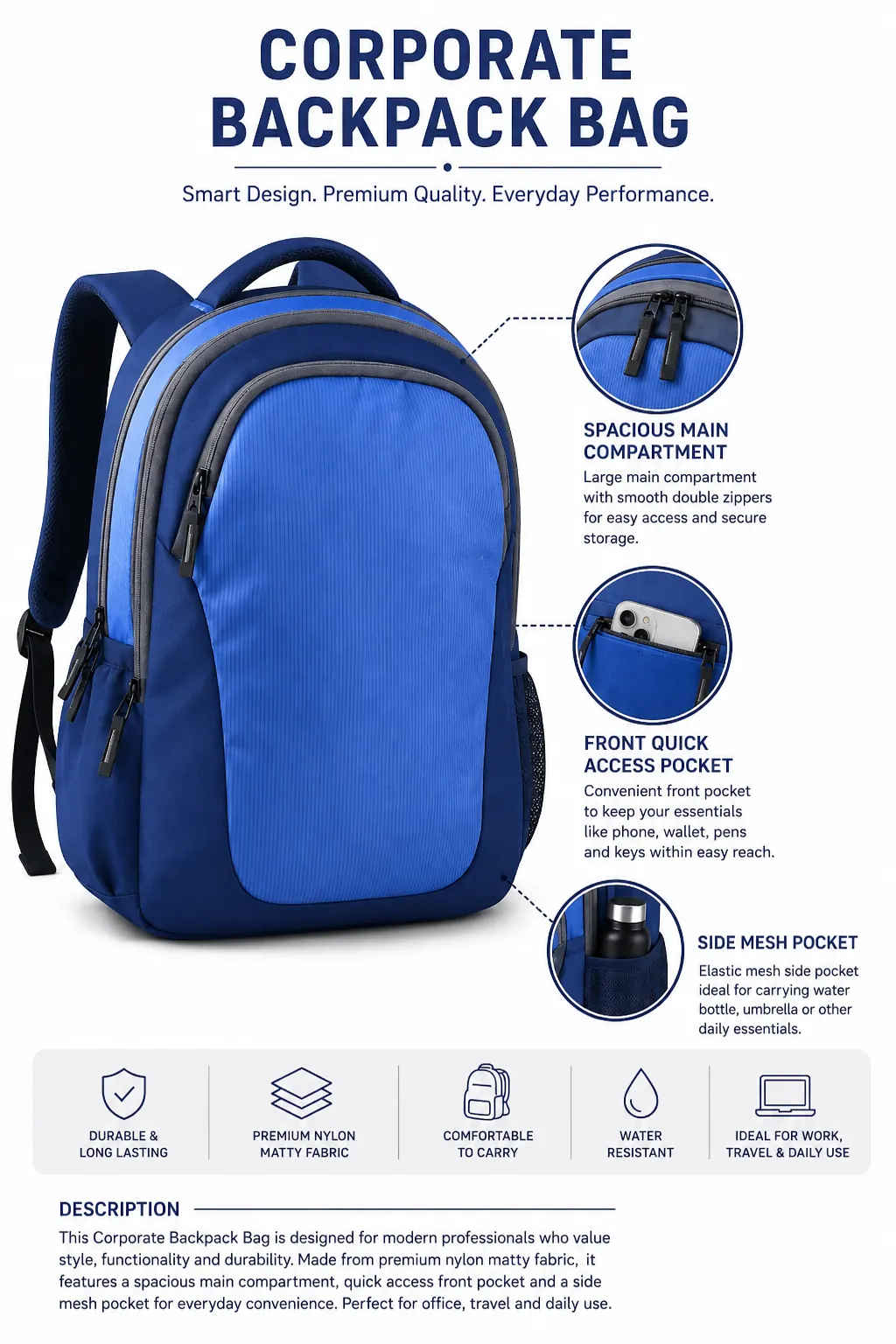 Grey nylon matty corporate office backpack bag with laptop compartment, organiser pockets and padded straps