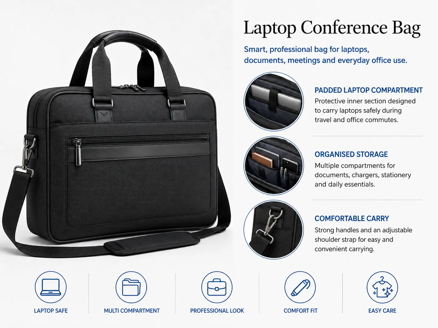 Black custom laptop conference bag with padded compartment, organiser pockets and shoulder strap on a white background
