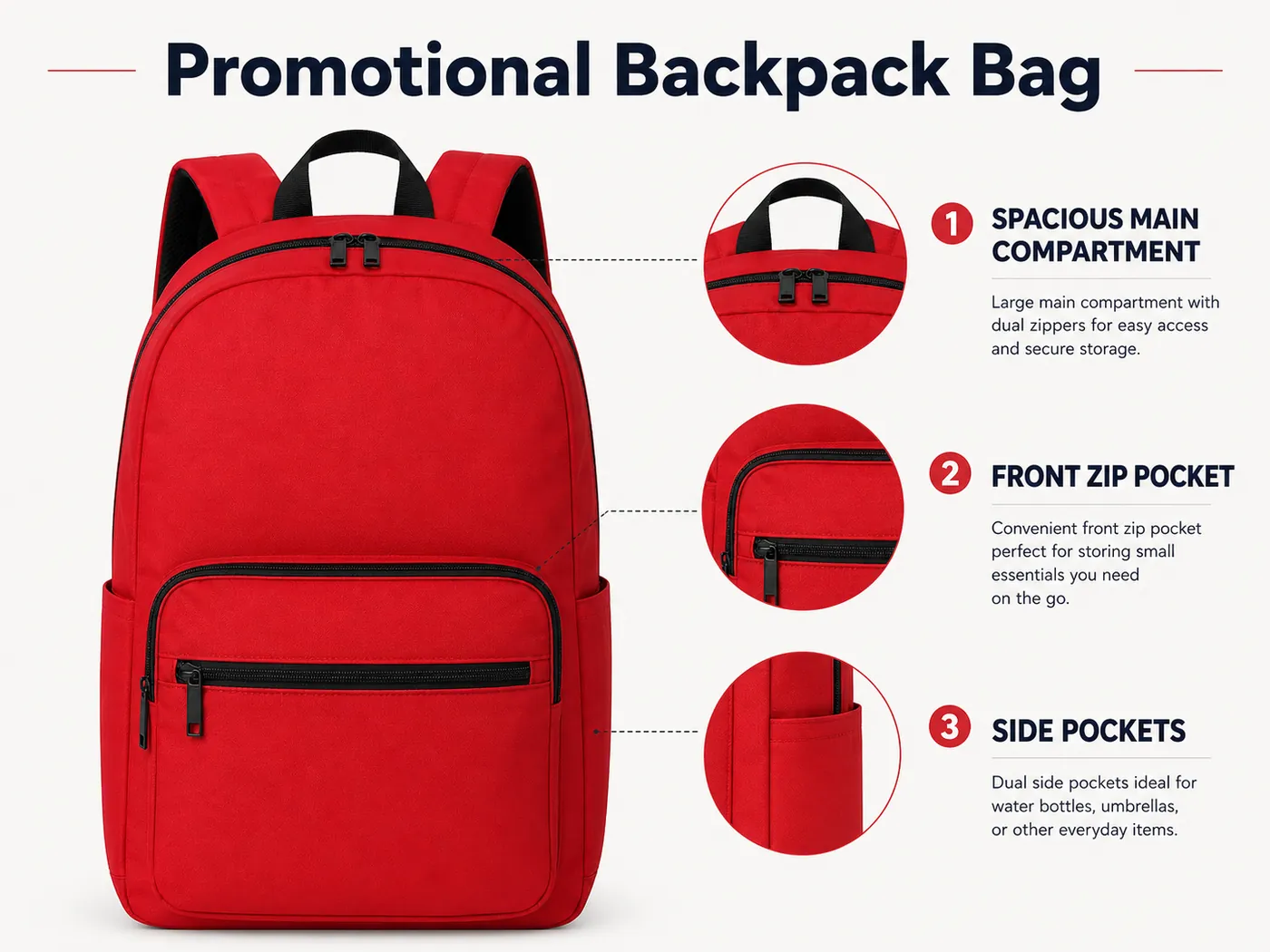 Red promotional backpack bag with two main compartments, black zippers and a front zip pocket