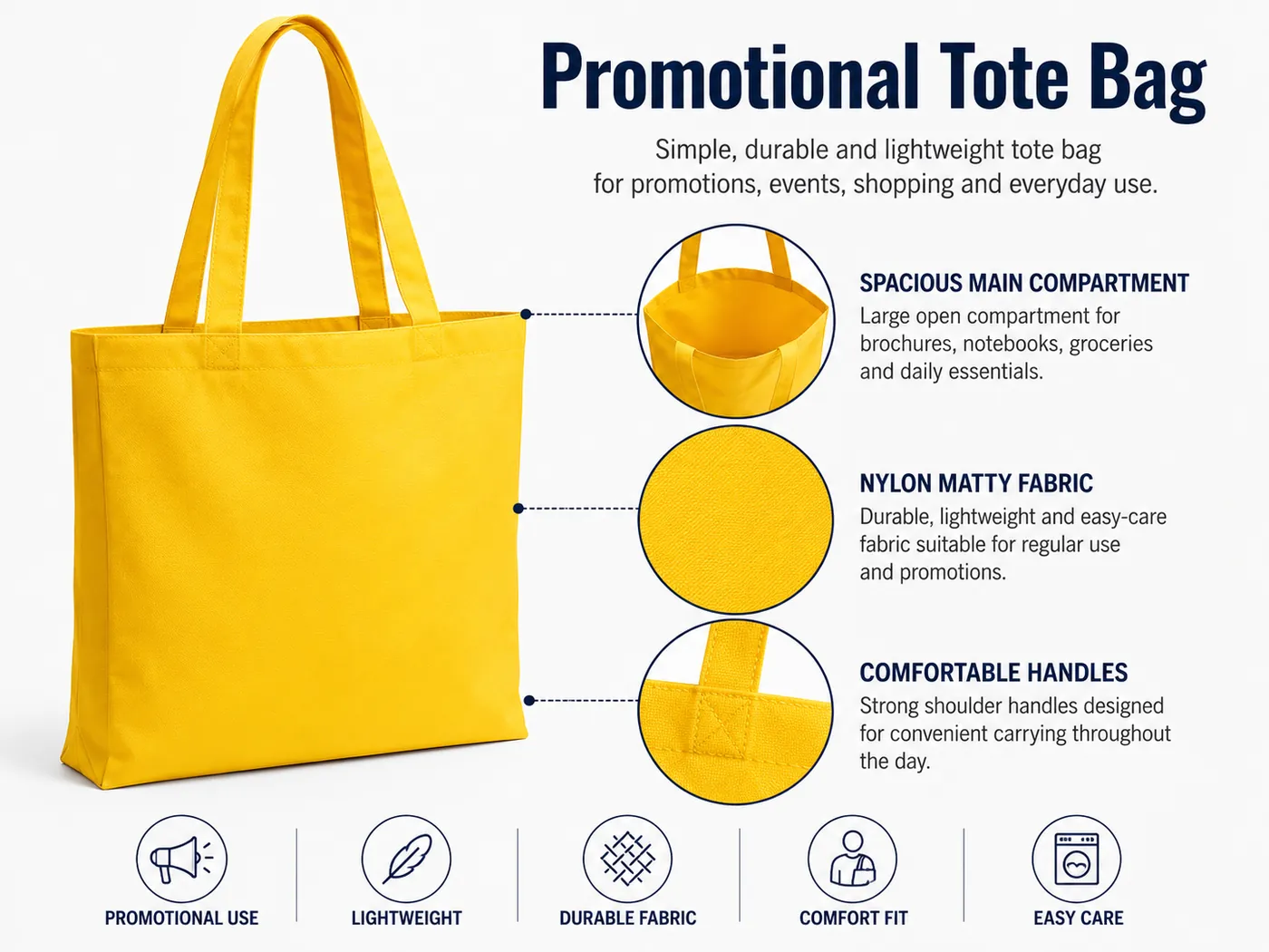Yellow nylon matty promotional tote bag with reinforced shoulder handles on a white background