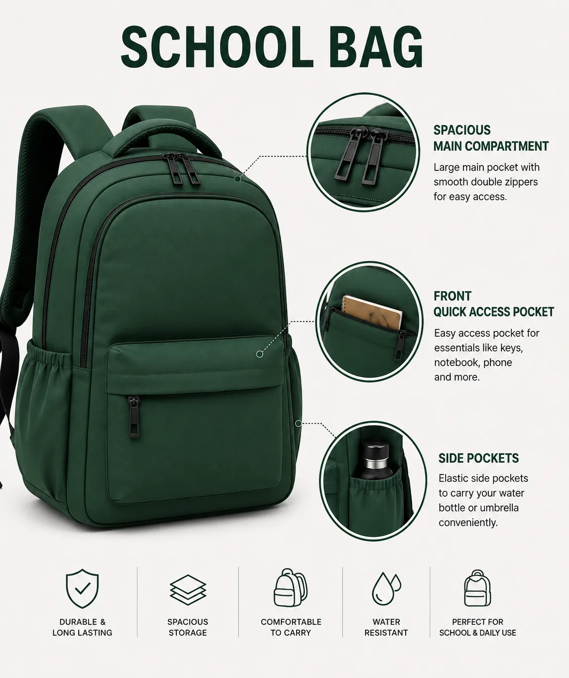 Green nylon matty school bag with black zippers, front pocket and elastic side bottle pockets