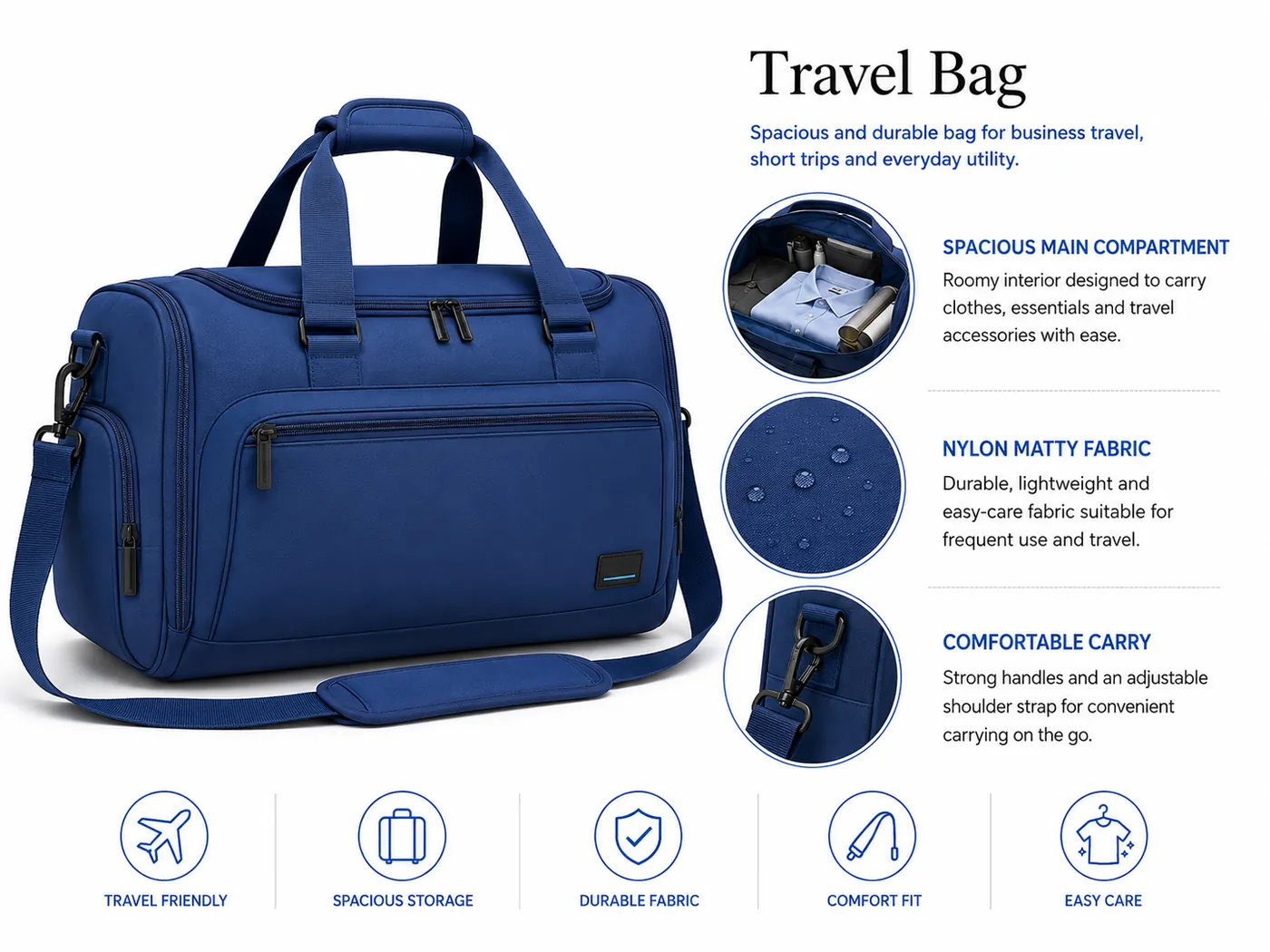 Royal blue nylon matty travel bag with main compartment, front pocket, carry handles and shoulder strap