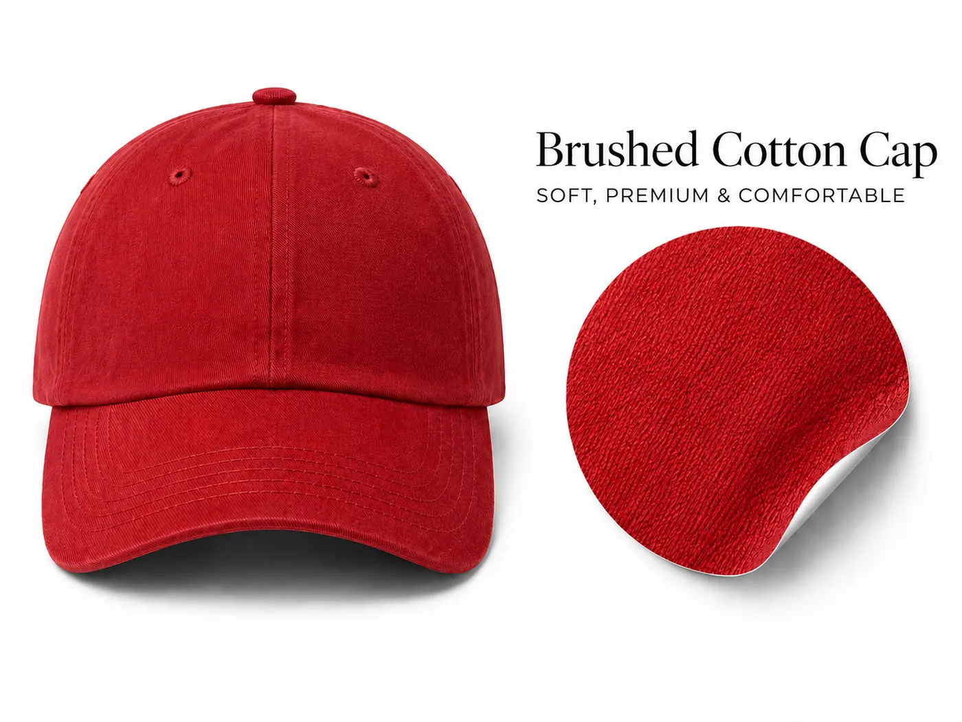 Red brushed cotton custom cap with soft fabric swatch for premium corporate branding.