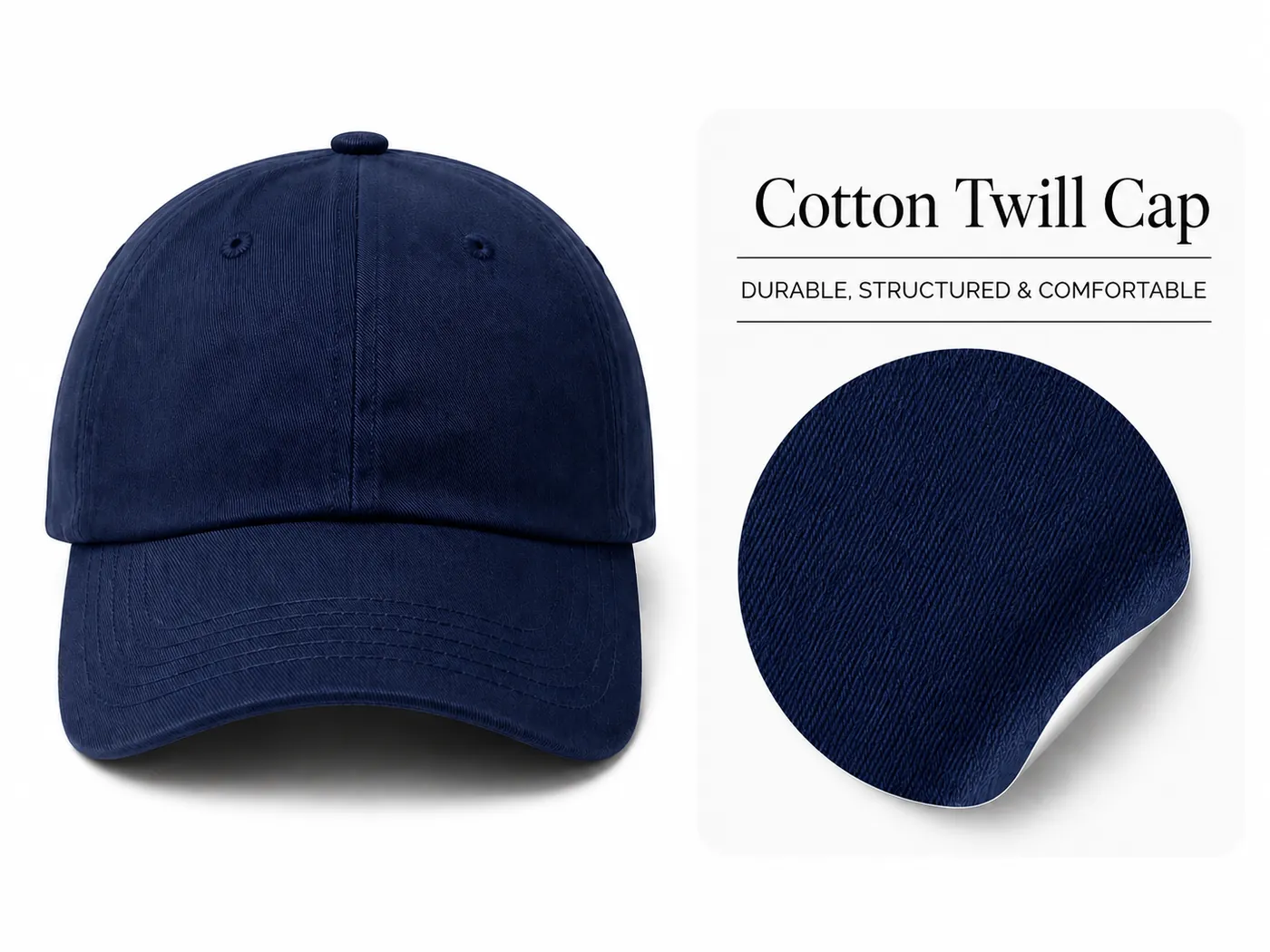 Navy cotton twill custom cap with fabric swatch for corporate uniforms and logo embroidery.