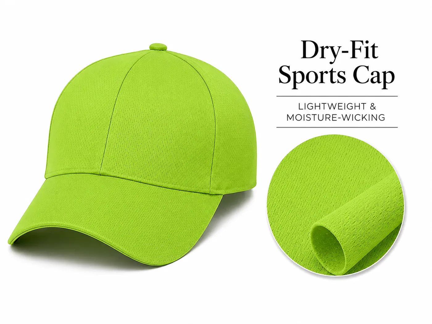 Lime green dry-fit sports cap with moisture-wicking fabric swatch for active outdoor use.