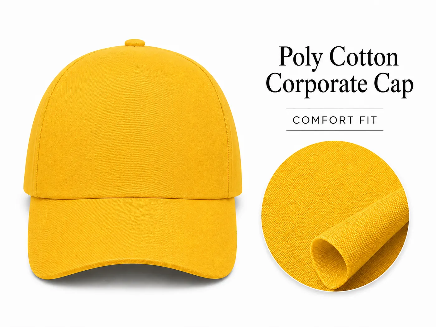 Yellow poly-cotton corporate cap with smooth five-panel front and matching fabric swatch.