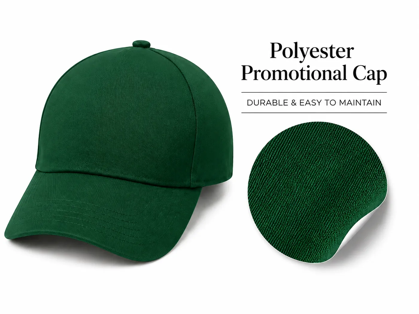Green polyester promotional cap with fabric swatch for events and bulk logo branding.