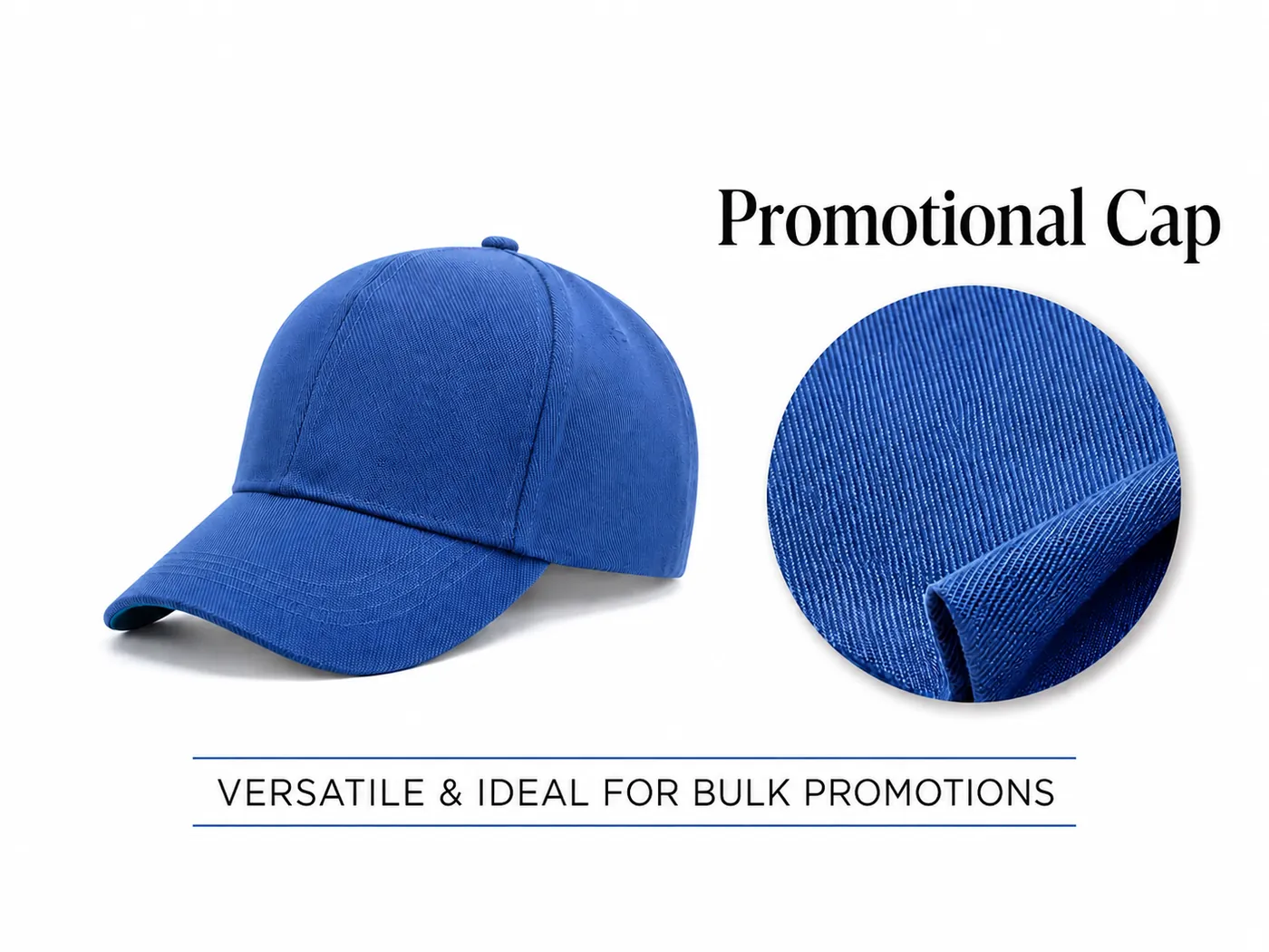 Blue promotional cap with short peak and fabric swatch for bulk promotional branding.