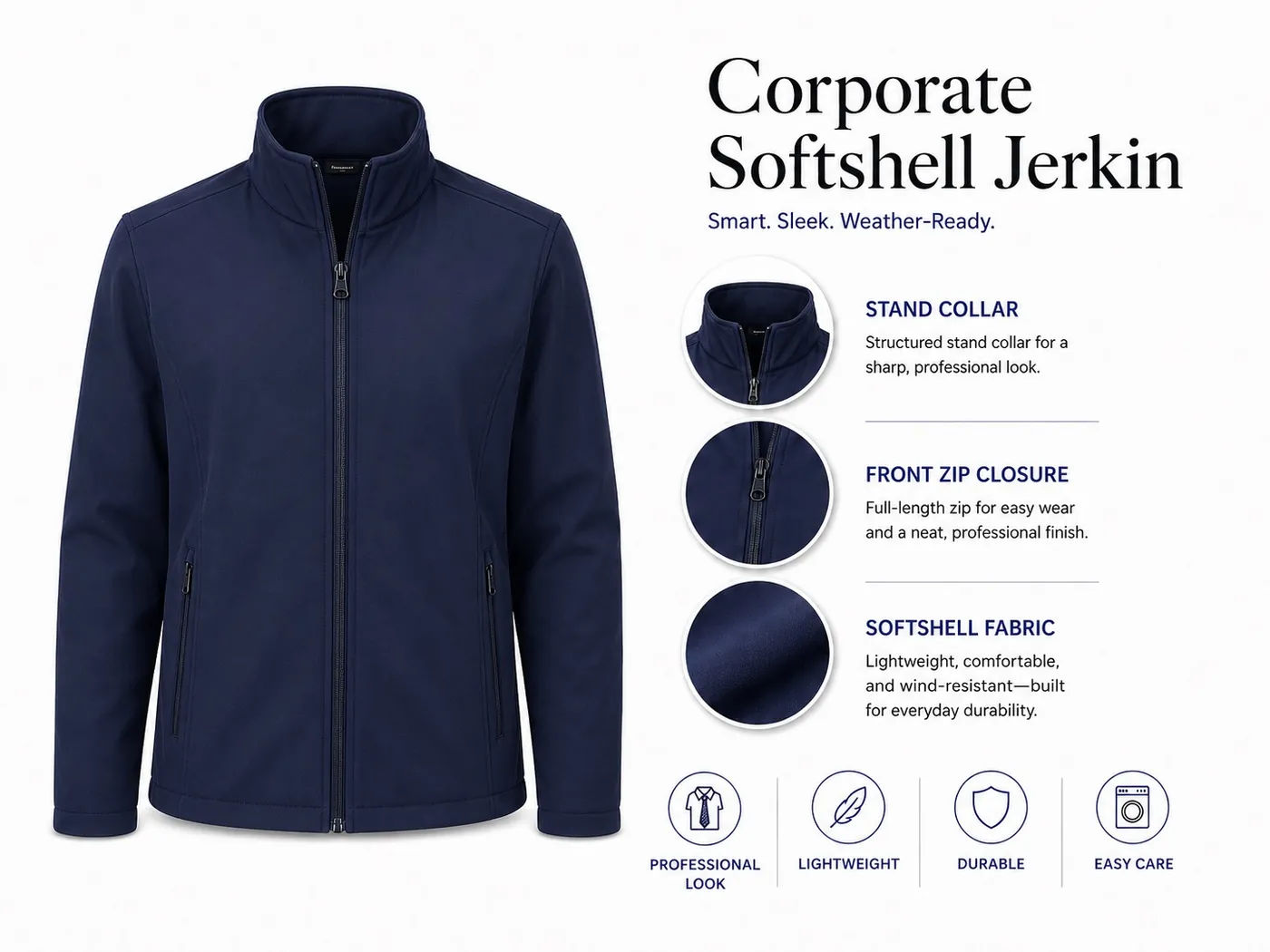Navy corporate softshell jerkin with full sleeves and comfort fit