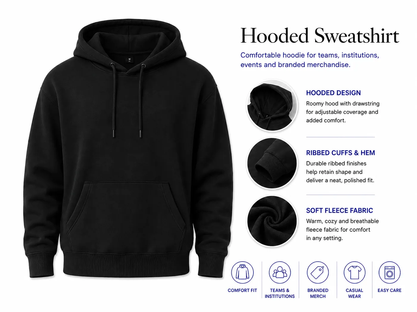 Black hooded sweatshirt for teams institutions and branded merchandise