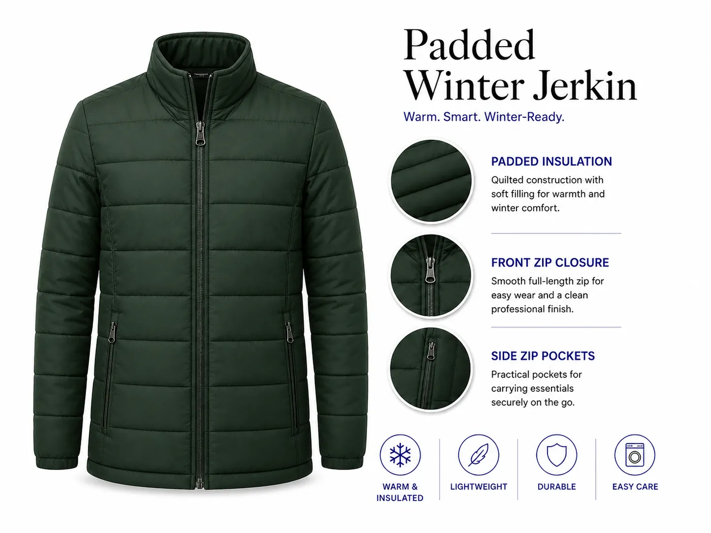 Dark green padded winter jerkin with full sleeves and zip pockets
