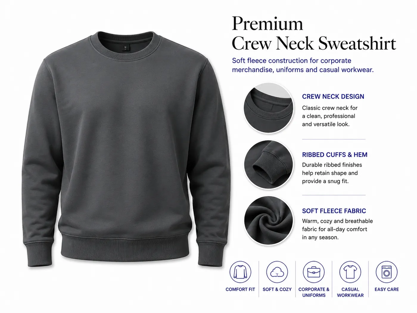 Grey premium crew neck sweatshirt made with soft fleece fabric