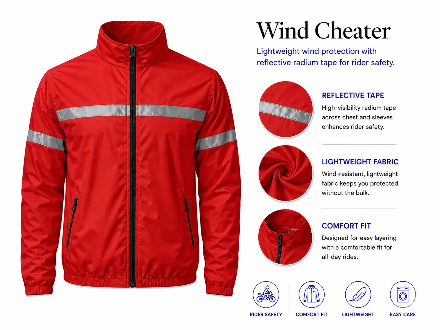 Red wind cheater jacket with reflective radium tape for rider safety