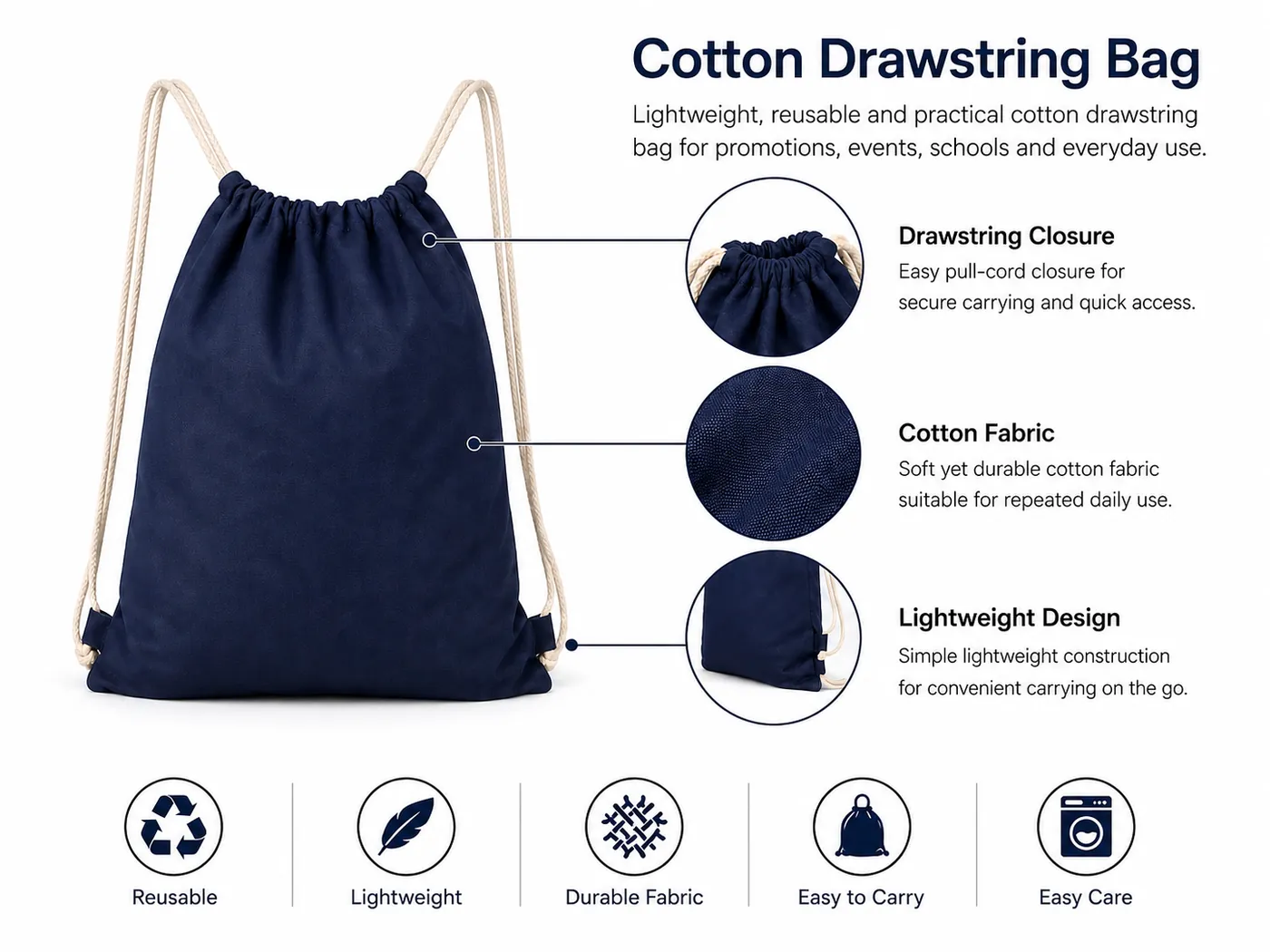 navy cotton drawstring bag with natural cords and custom branding area
