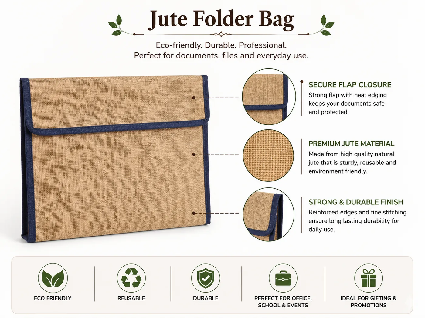 natural jute folder bag with flap closure and reinforced contrast edging