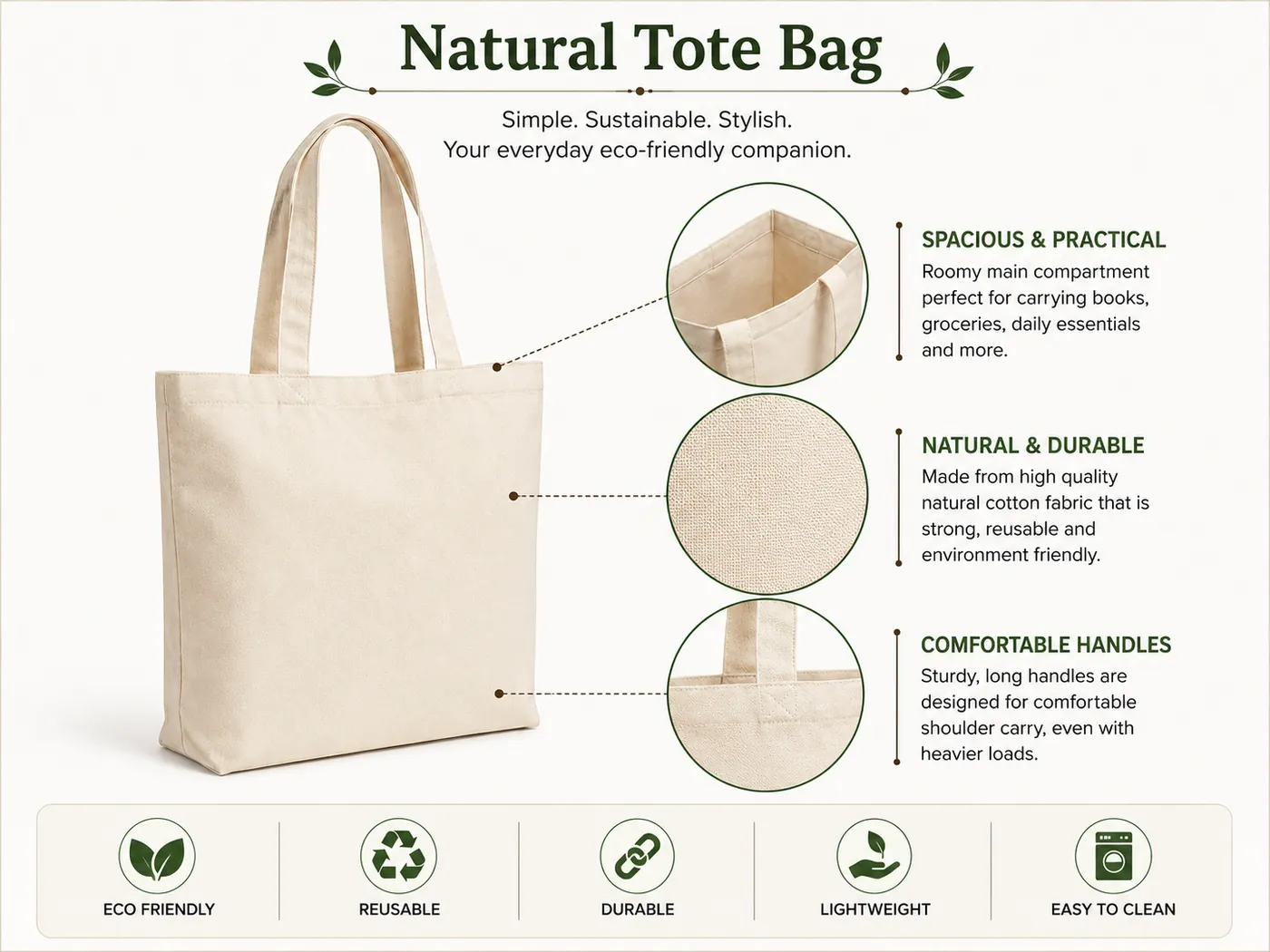 natural cotton tote bag with long handles and blank front panel for custom printing