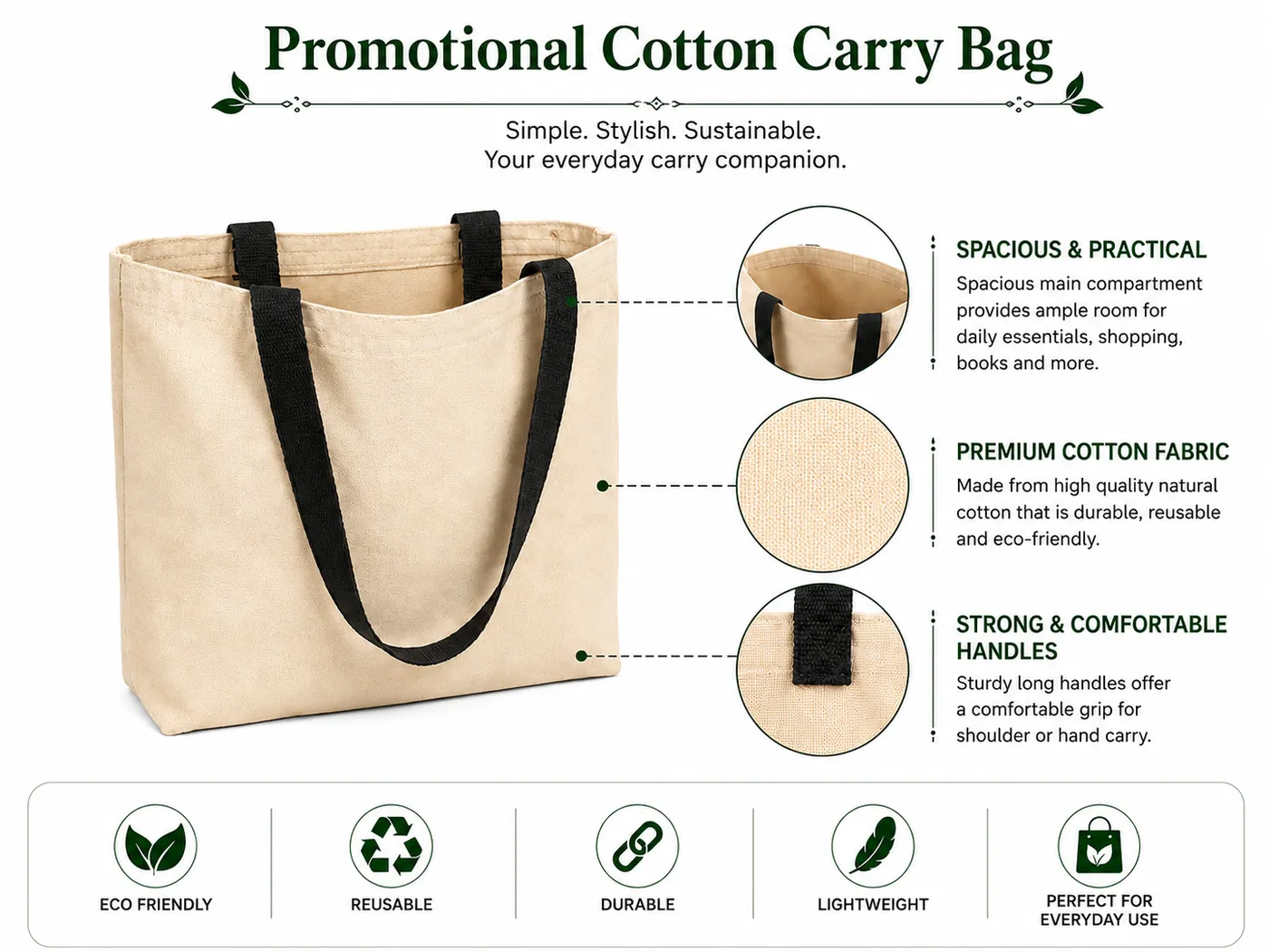 promotional cotton carry bag with contrasting handles and custom logo printing area