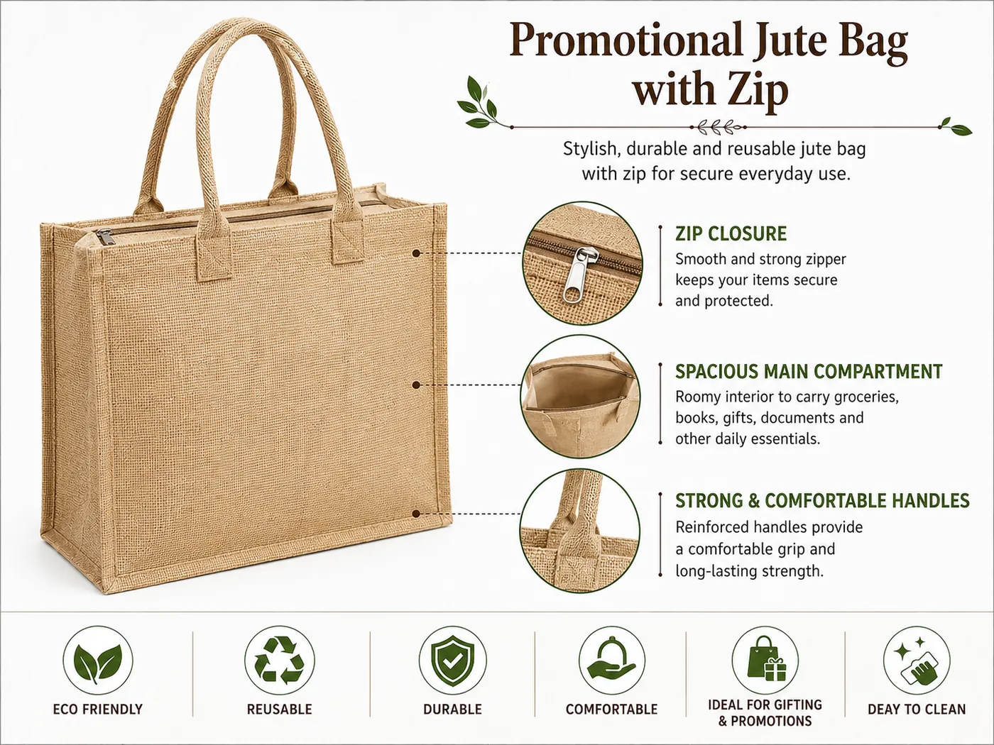 custom jute bag with zip closure, reinforced handles and natural woven finish
