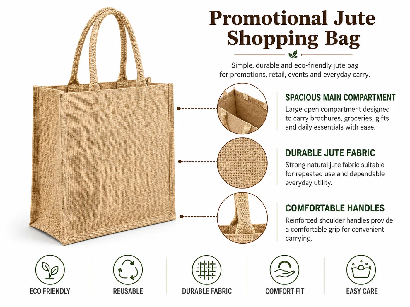 promotional natural jute shopping bag with reinforced handles and large branding area