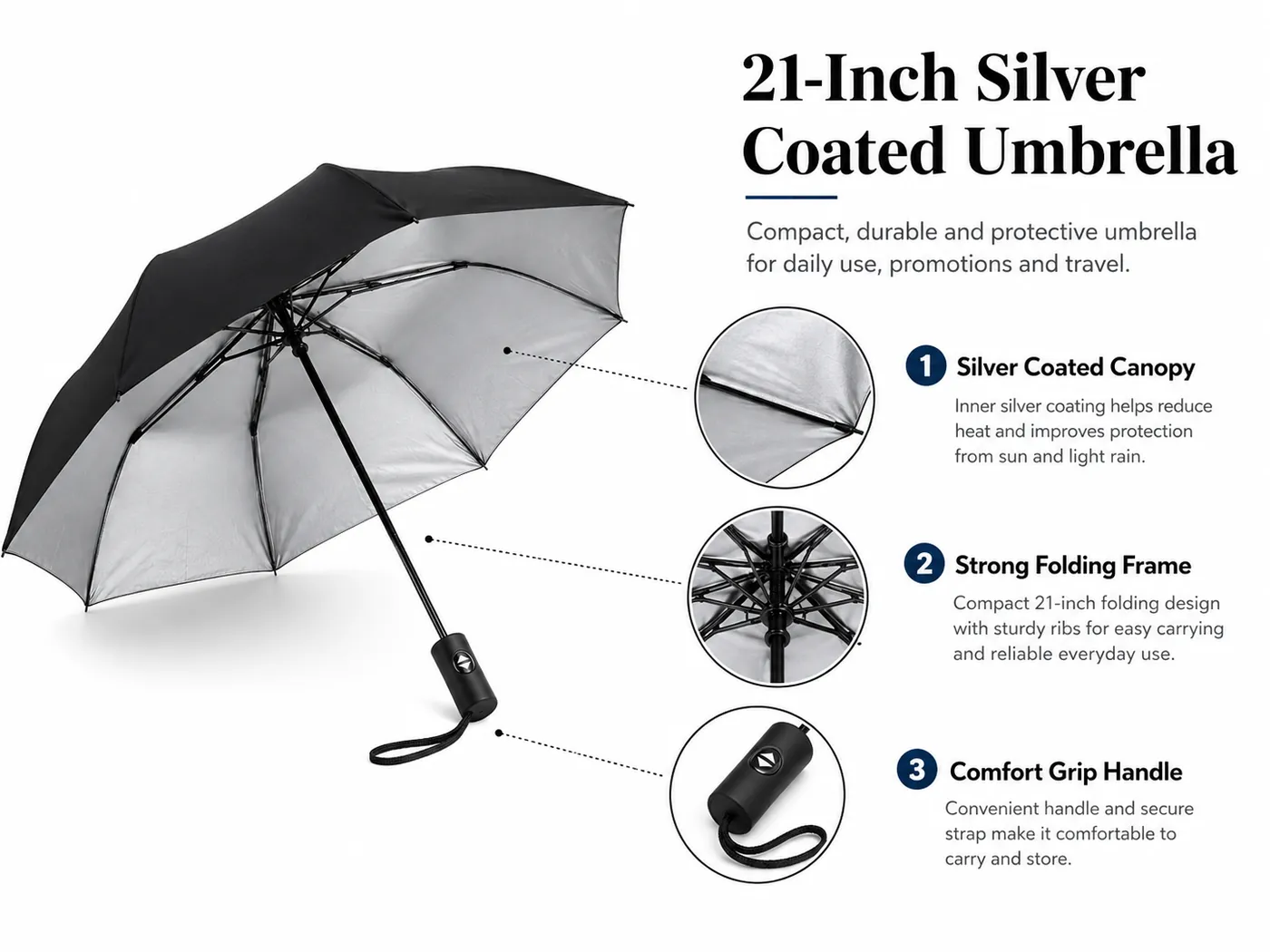 Black 21-inch two-fold promotional umbrella with silver-coated inner canopy