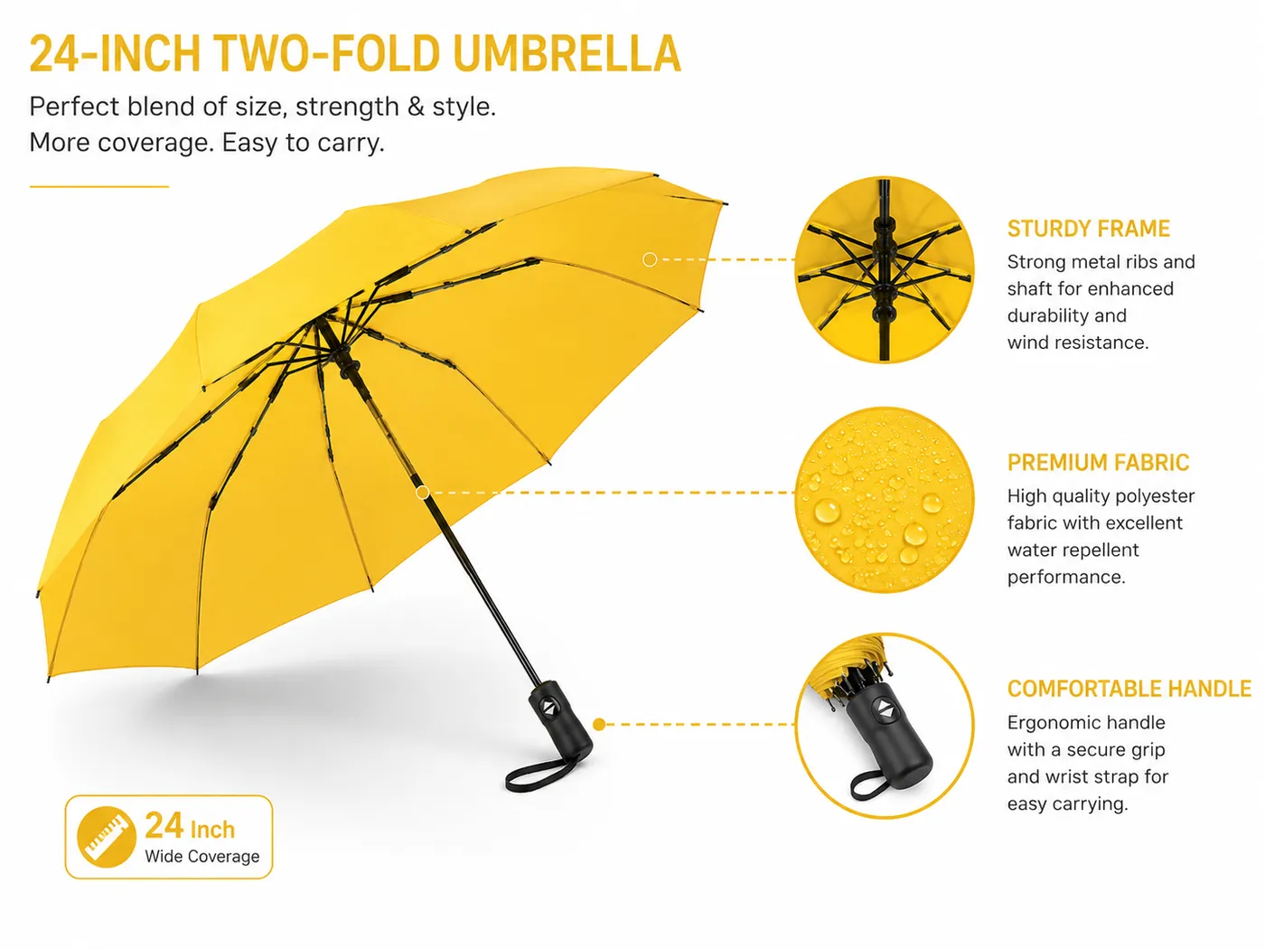 Yellow 24-inch two-fold umbrella on a white background