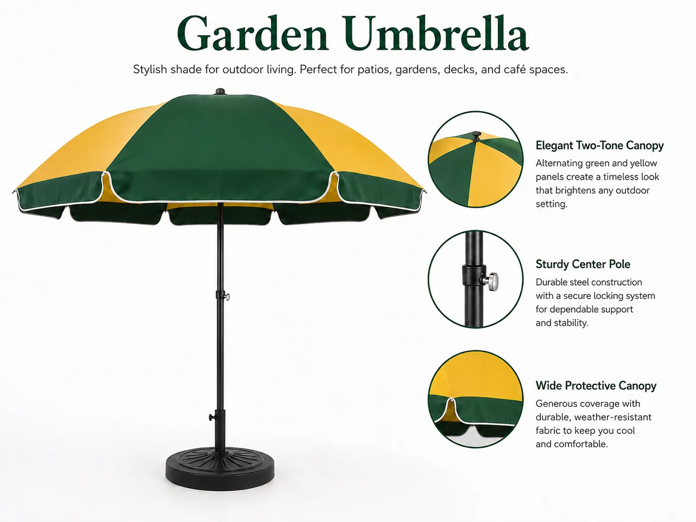 Green and yellow garden umbrella with stand and wide canopy