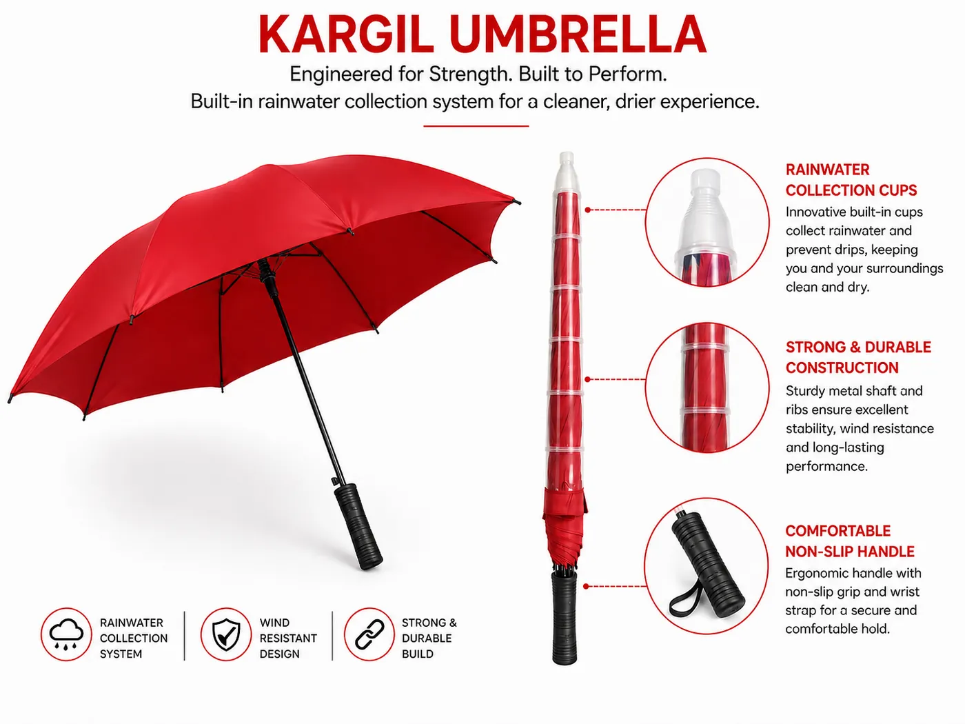 Red Kargil umbrella with telescopic rainwater-collection cover