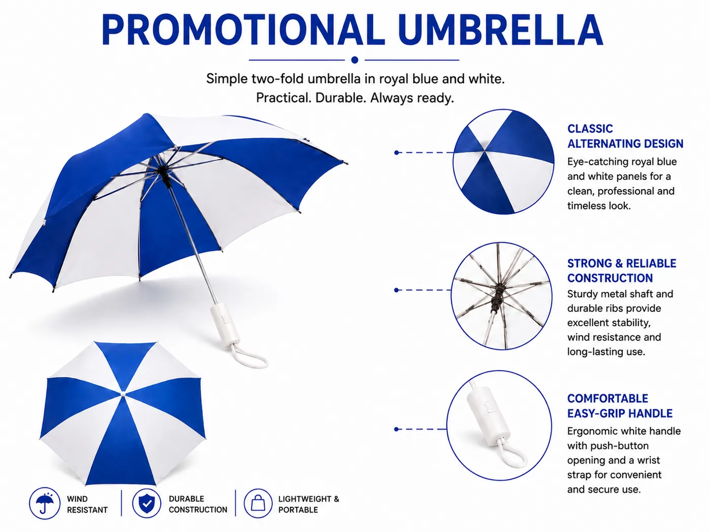 Royal blue and white alternate-panel promotional umbrella on a white background