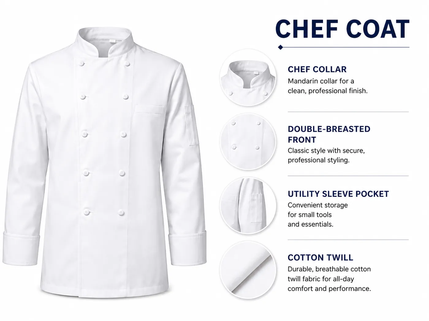 White custom chef coat in cotton twill with mandarin collar, double-breasted front and sleeve utility pocket