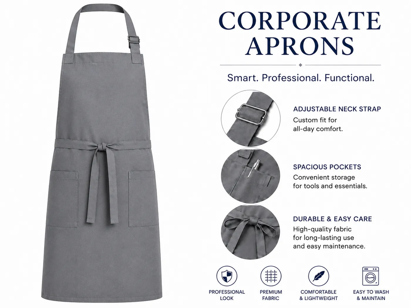 Grey unisex corporate apron with adjustable neck strap, waist tie and front utility pockets