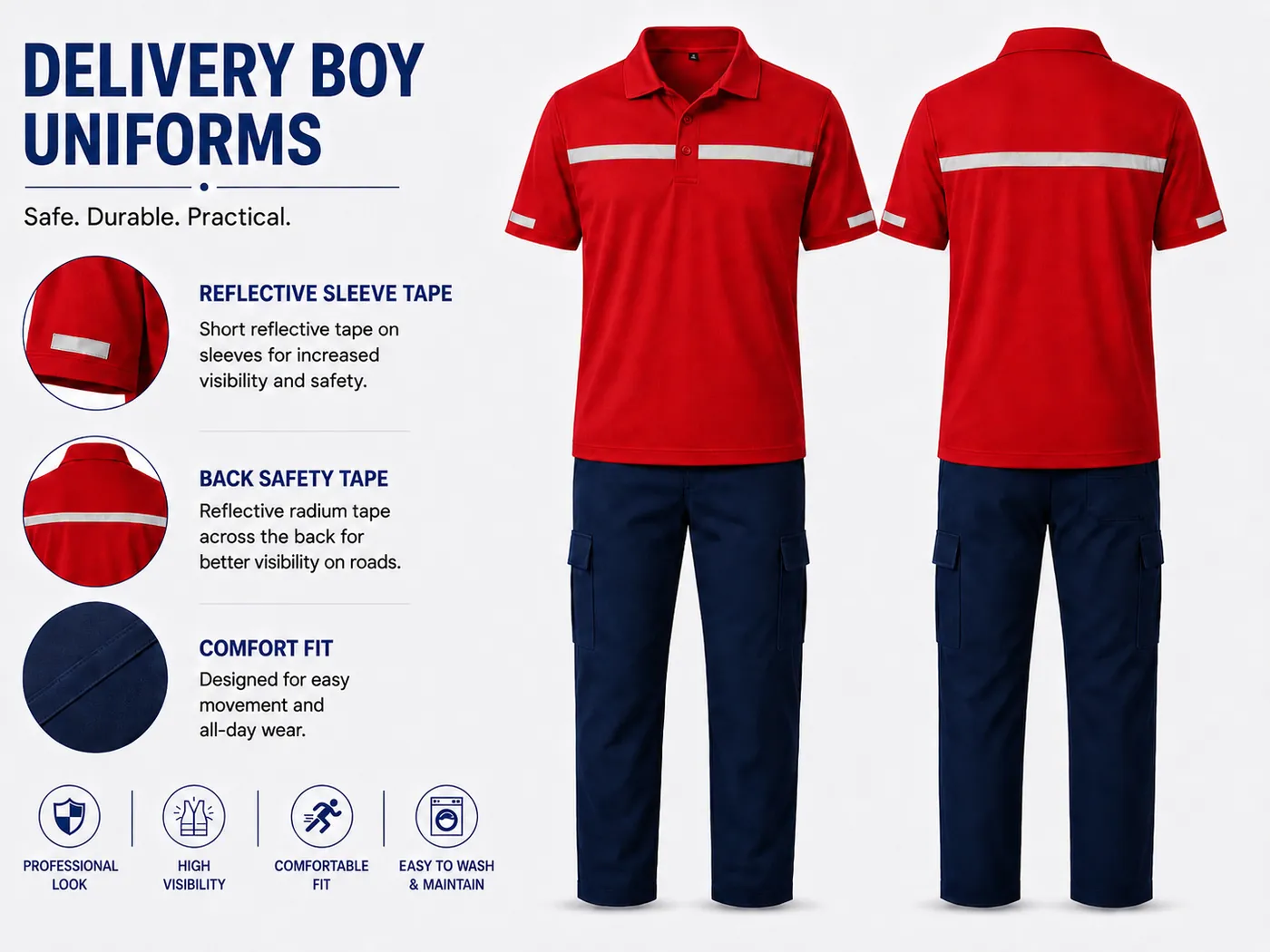 Red delivery polo with short reflective sleeve tape, back reflective strip and navy blue cargo trousers