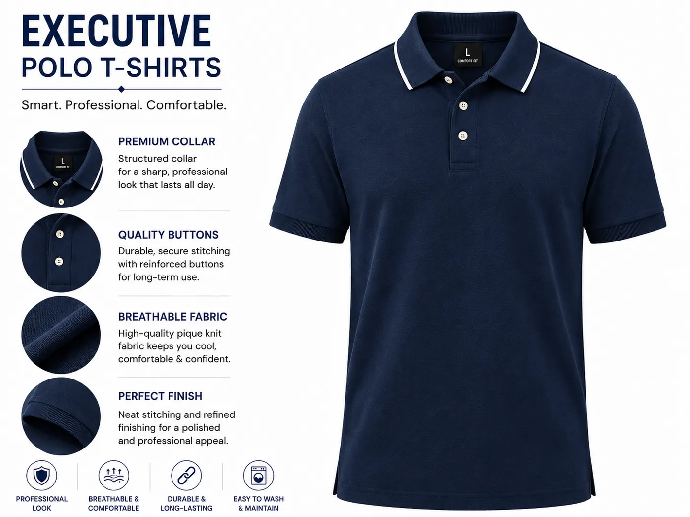 Navy executive polo T-shirt with structured collar, quality buttons and breathable fabric