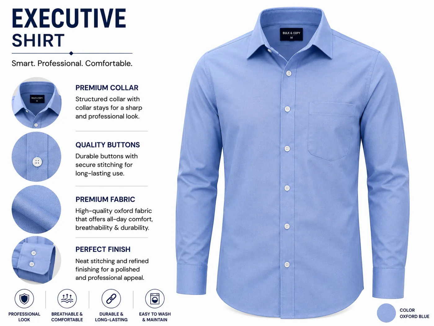 Oxford blue executive uniform shirt in comfort fit with classic collar, pocket and full sleeves