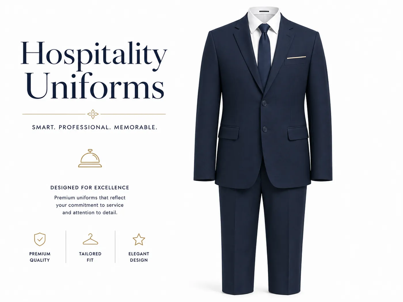 Navy comfort-fit hospitality suit with self-colour buttons, white shirt and coordinated tie
