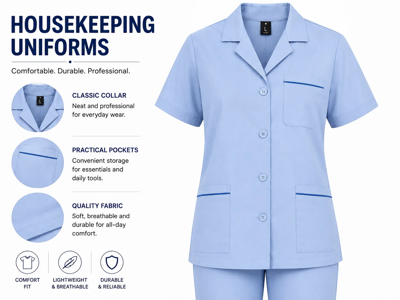 Light blue unisex housekeeping uniform with comfort-fit shirt, practical pockets and matching trousers