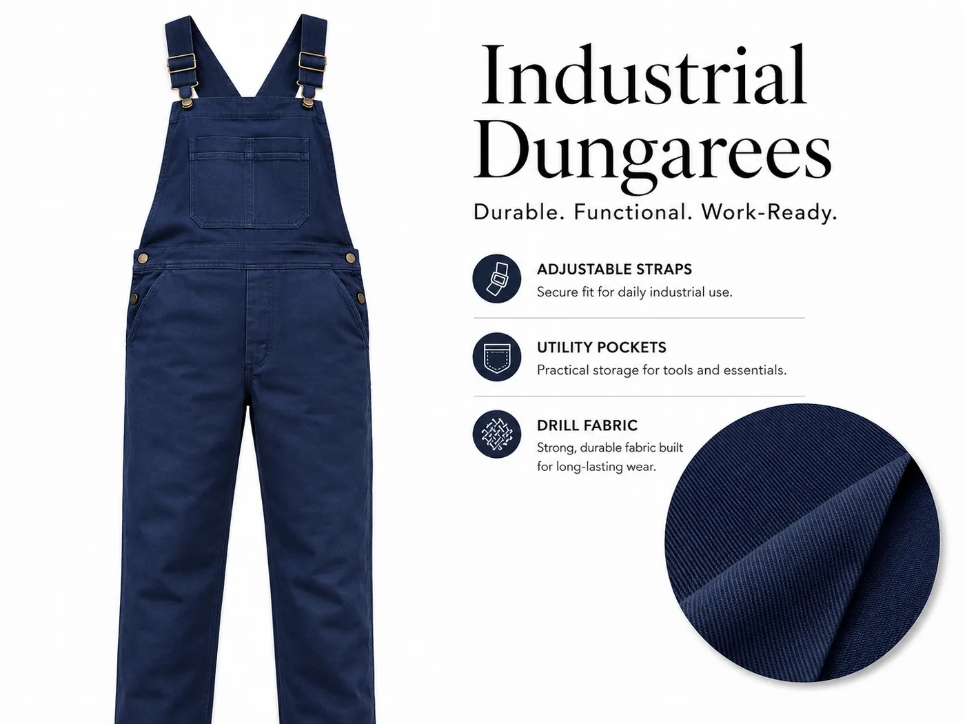 Navy industrial dungarees in drill fabric with adjustable straps and utility pockets