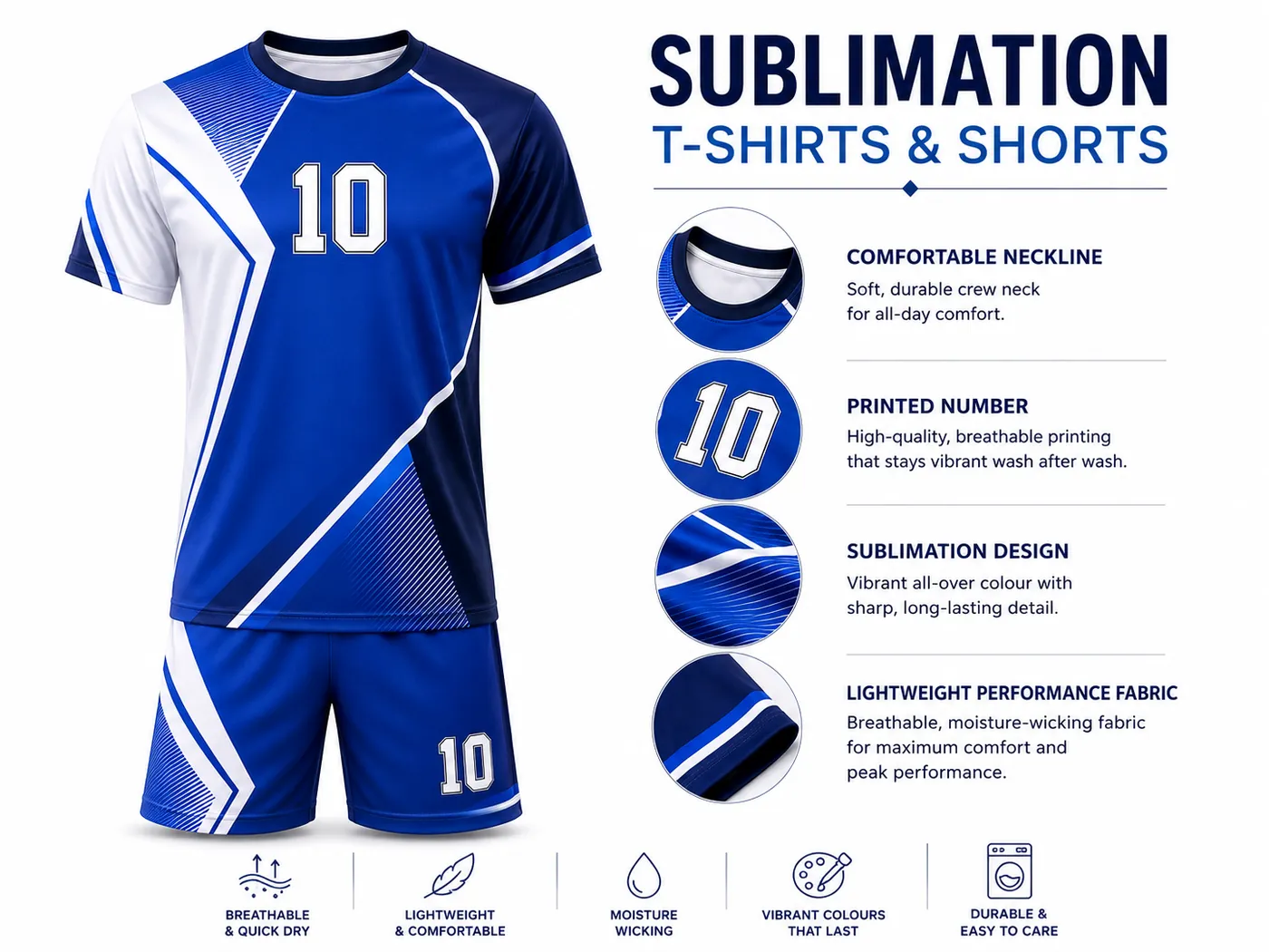 Custom blue and white sublimation crew neck T-shirt with all-over printed sports design